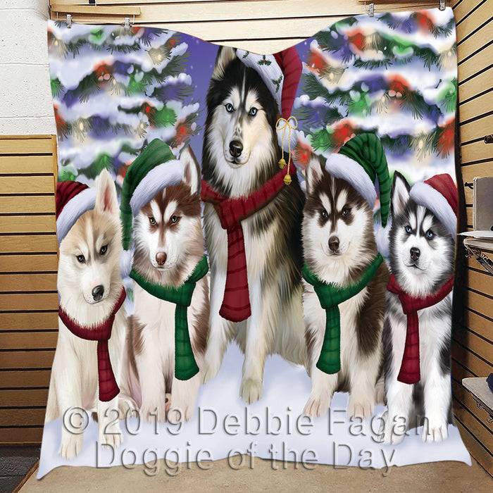 Siberian Husky Dogs Christmas Family Portrait in Holiday Scenic Background Quilt