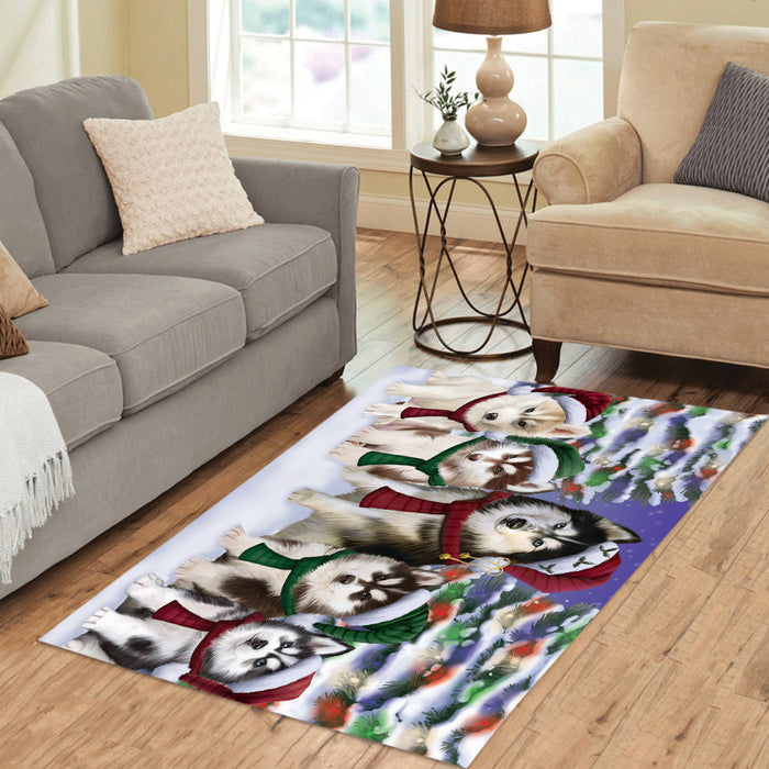 Siberian Husky Dogs Christmas Family Portrait in Holiday Scenic Background Area Rug
