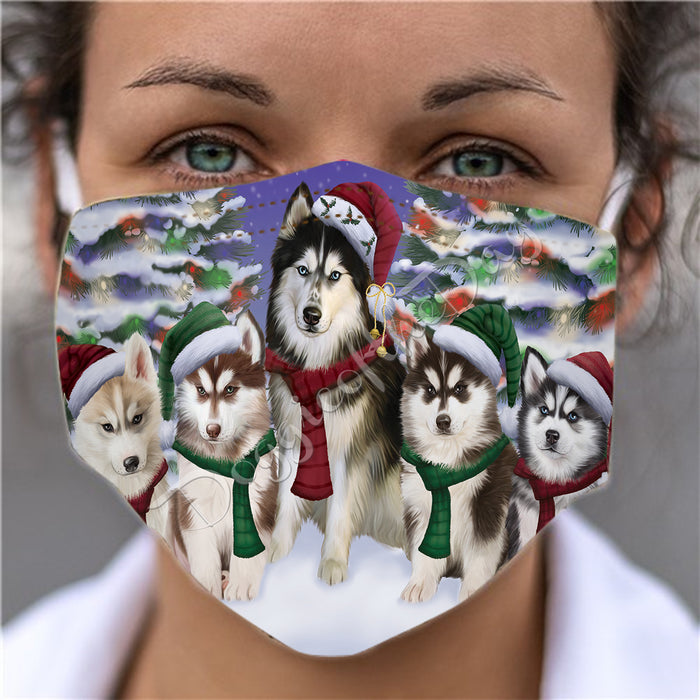Siberian Husky Dogs Christmas Family Portrait in Holiday Scenic Background Face Mask FM48380