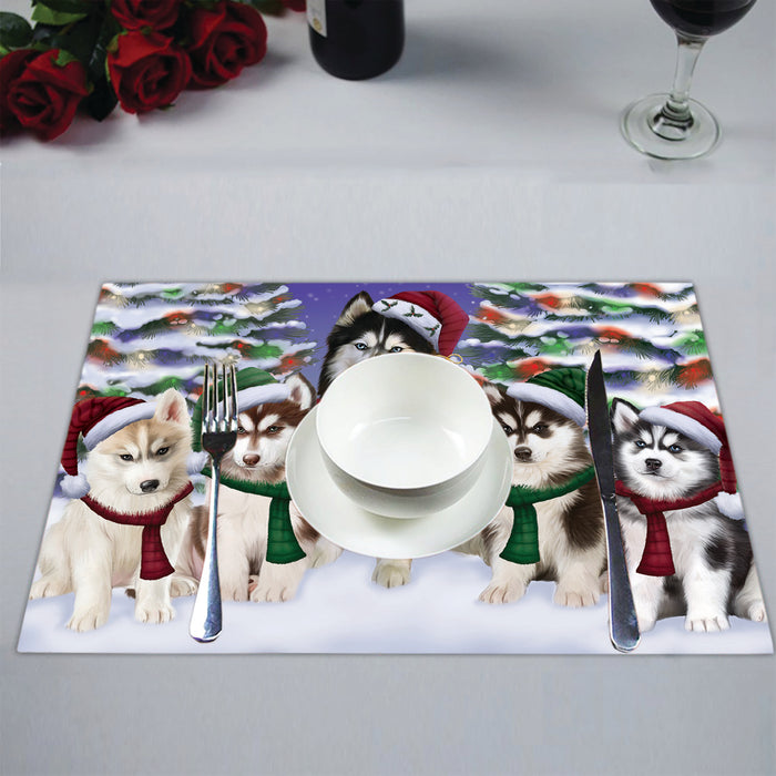 Siberian Husky Dogs Christmas Family Portrait in Holiday Scenic Background Placemat