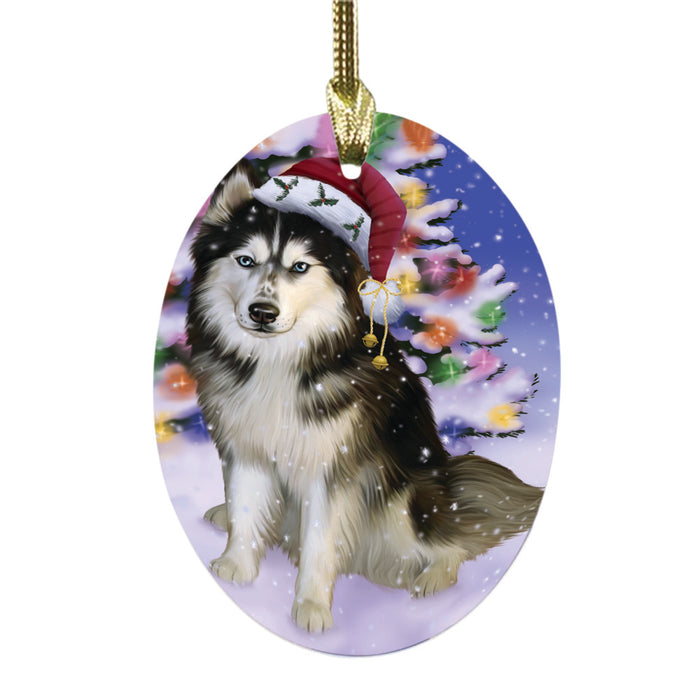 Winterland Wonderland Siberian Husky Dog In Christmas Holiday Scenic Background Oval Glass Christmas Ornament OGOR49642
