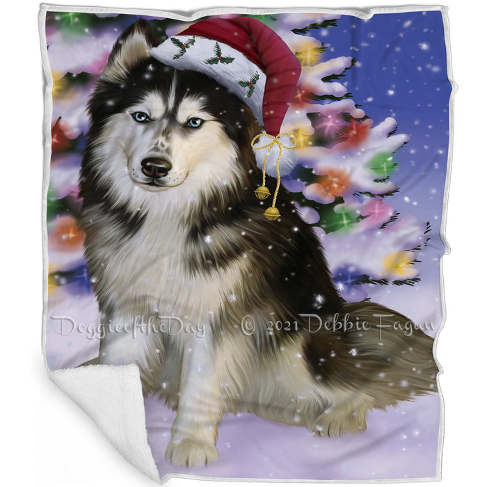 Winterland Wonderland Siberian Huskies Adult Dog In Christmas Holiday Scenic Background Blanket