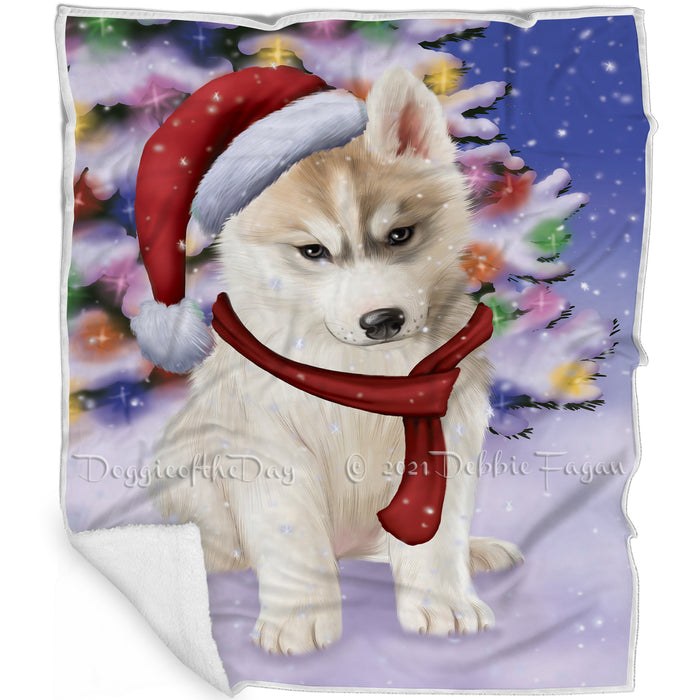 Winterland Wonderland Siberian Huskies Puppy Dog In Christmas Holiday Scenic Background Blanket