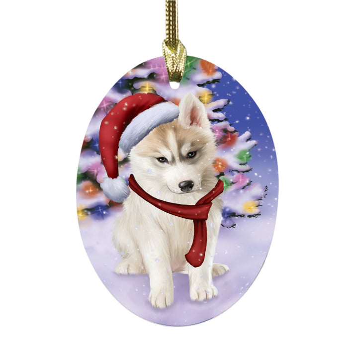 Winterland Wonderland Siberian Husky Dog In Christmas Holiday Scenic Background Oval Glass Christmas Ornament OGOR49643