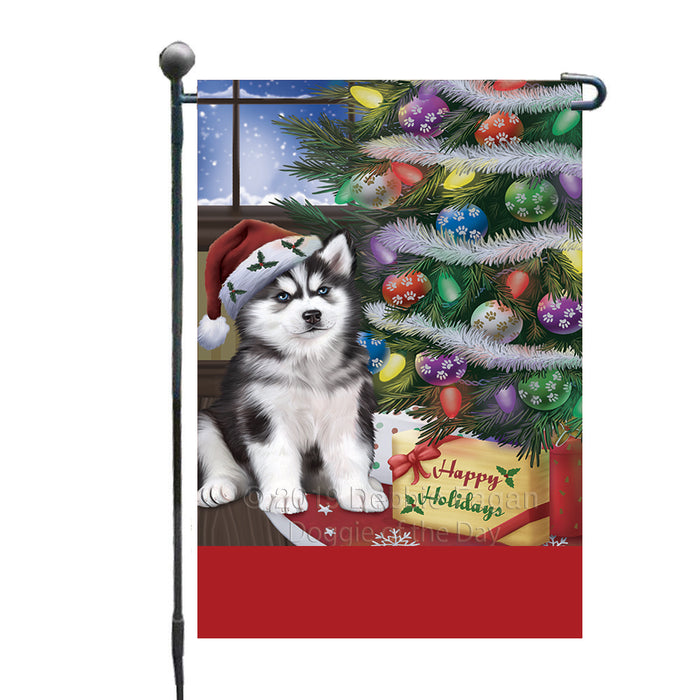 Personalized Christmas Happy Holidays Siberian Husky Dog with Tree and Presents Custom Garden Flags GFLG-DOTD-A58668