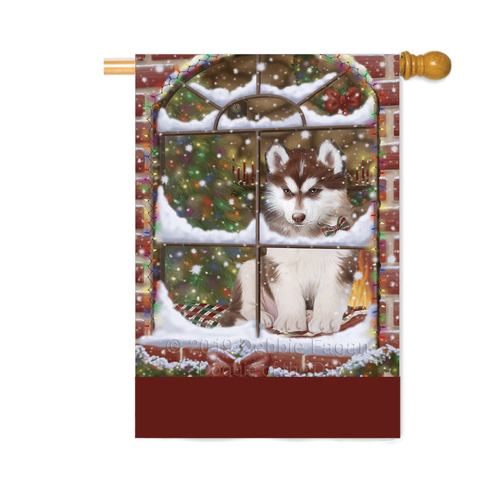 Personalized Please Come Home For Christmas Siberian Husky Dog Sitting In Window Custom House Flag FLG-DOTD-A60261