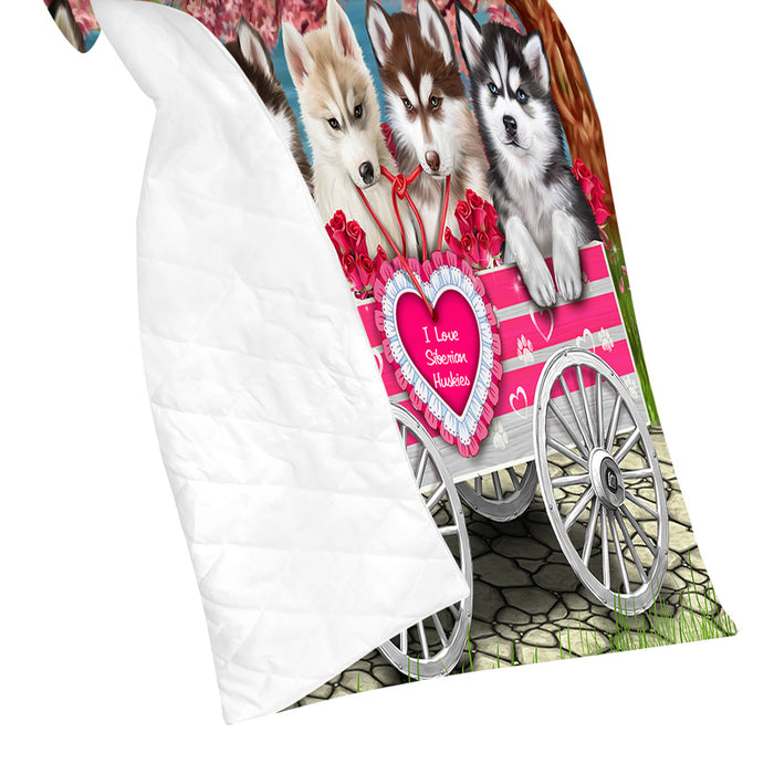 I Love Siberian Husky Dogs in a Cart Quilt