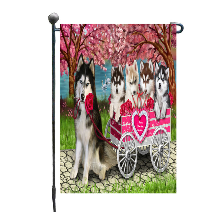 I Love Siberian Husky Dogs in a Cart Garden Flags Outdoor Decor for Homes and Gardens Double Sided Garden Yard Spring Decorative Vertical Home Flags Garden Porch Lawn Flag for Decorations