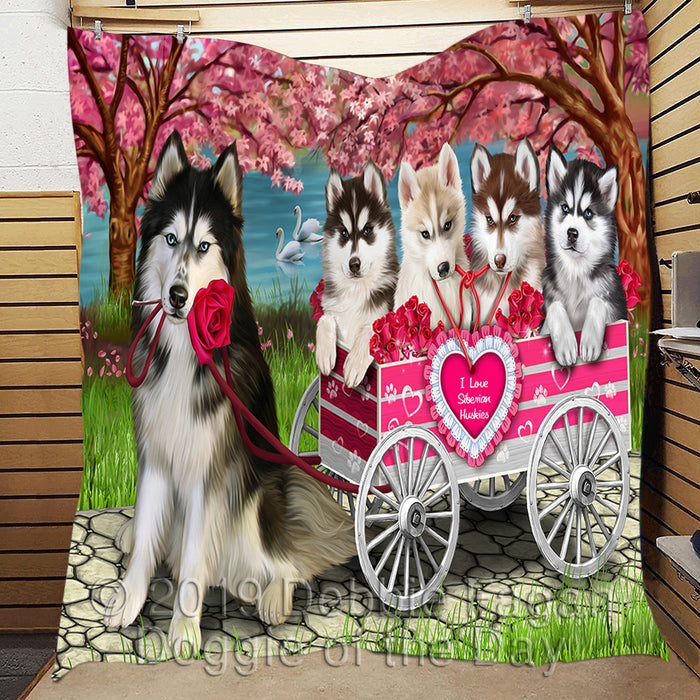 I Love Siberian Husky Dogs in a Cart Quilt