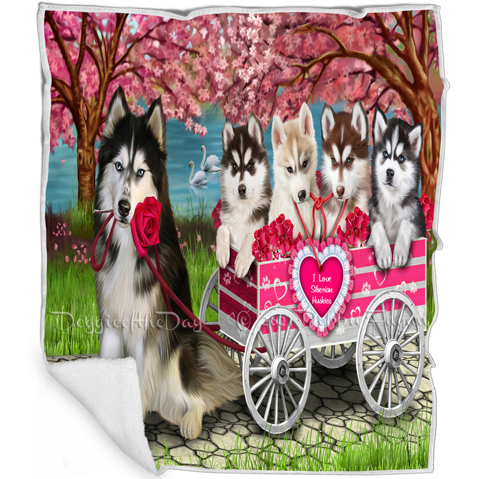 I Love Siberian Husky Dogs in a Cart Art Portrait Print Woven Throw Sherpa Plush Fleece Blanket