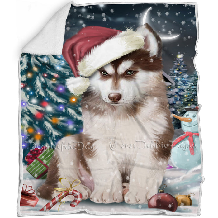 Have a Holly Jolly Christmas Siberian Husky Dog in Holiday Background Blanket D105