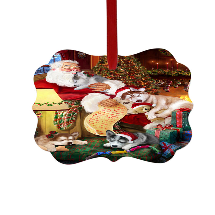 Siberian Huskies Dog and Puppies Sleeping with Santa Double-Sided Photo Benelux Christmas Ornament LOR49321