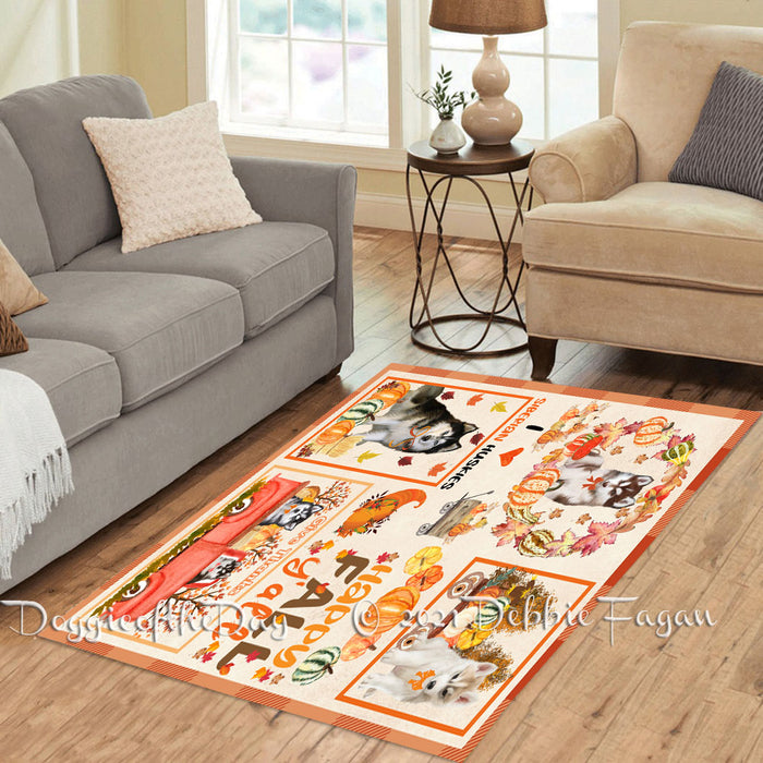 Happy Fall Y'all Pumpkin Siberian Husky Dogs Polyester Living Room Carpet Area Rug ARUG67146
