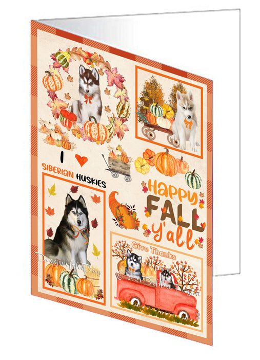 Happy Fall Y'all Pumpkin Siberian Husky Dogs Handmade Artwork Assorted Pets Greeting Cards and Note Cards with Envelopes for All Occasions and Holiday Seasons GCD77135