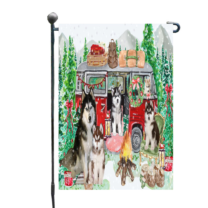 Christmas Time Camping with Siberian Husky Dogs Garden Flags- Outdoor Double Sided Garden Yard Porch Lawn Spring Decorative Vertical Home Flags 12 1/2"w x 18"h