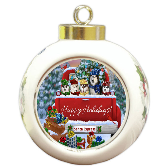 Christmas Red Truck Travlin Home for the Holidays Siberian Husky Dogs Round Ball Christmas Ornament Pet Decorative Hanging Ornaments for Christmas X-mas Tree Decorations - 3" Round Ceramic Ornament