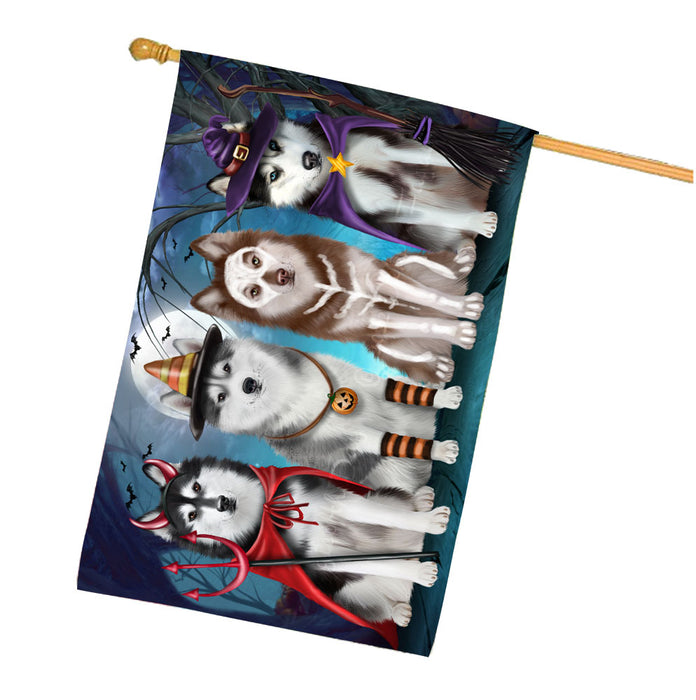 Halloween Trick or Treat Siberian Husky Dogs House Flag Outdoor Decorative Double Sided Pet Portrait Weather Resistant Premium Quality Animal Printed Home Decorative Flags 100% Polyester