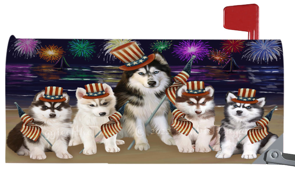 4th of July Independence Day Siberian Husky Dogs Magnetic Mailbox Cover Both Sides Pet Theme Printed Decorative Letter Box Wrap Case Postbox Thick Magnetic Vinyl Material