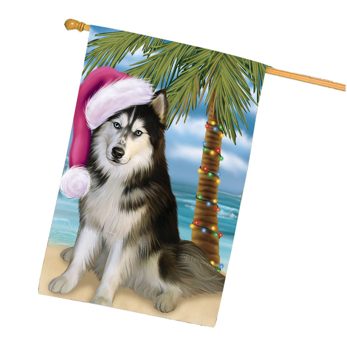 Christmas Summertime Beach Siberian Husky Dog House Flag Outdoor Decorative Double Sided Pet Portrait Weather Resistant Premium Quality Animal Printed Home Decorative Flags 100% Polyester FLG68801