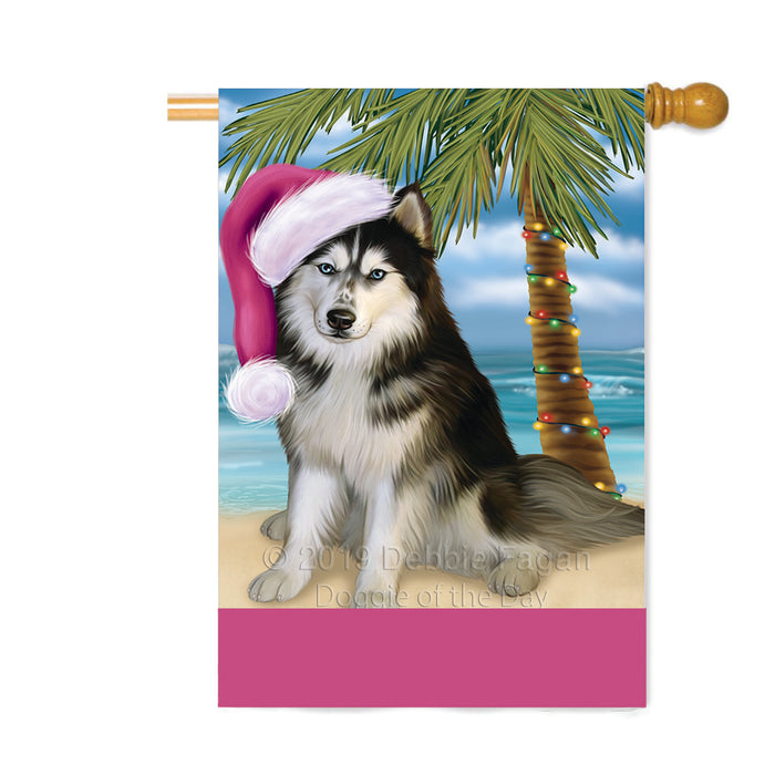 Personalized Summertime Happy Holidays Christmas Siberian Husky Dog on Tropical Island Beach Custom House Flag FLG-DOTD-A60600