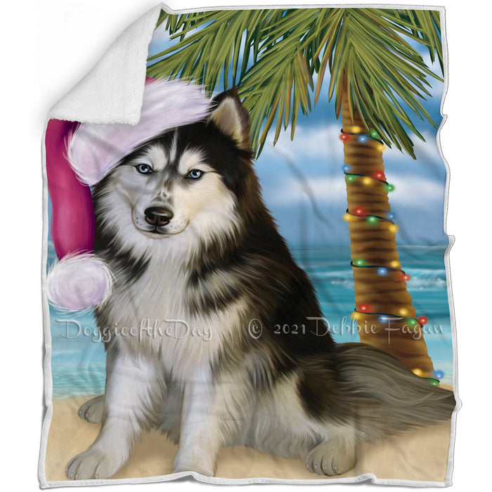 Summertime Happy Holidays Christmas Siberian Husky Dog on Tropical Island Beach Blanket