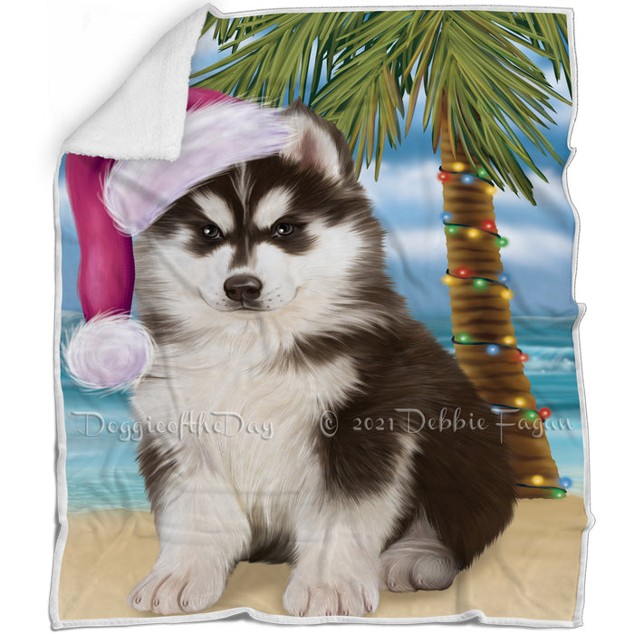 Summertime Happy Holidays Christmas Siberian Husky Dog on Tropical Island Beach Blanket