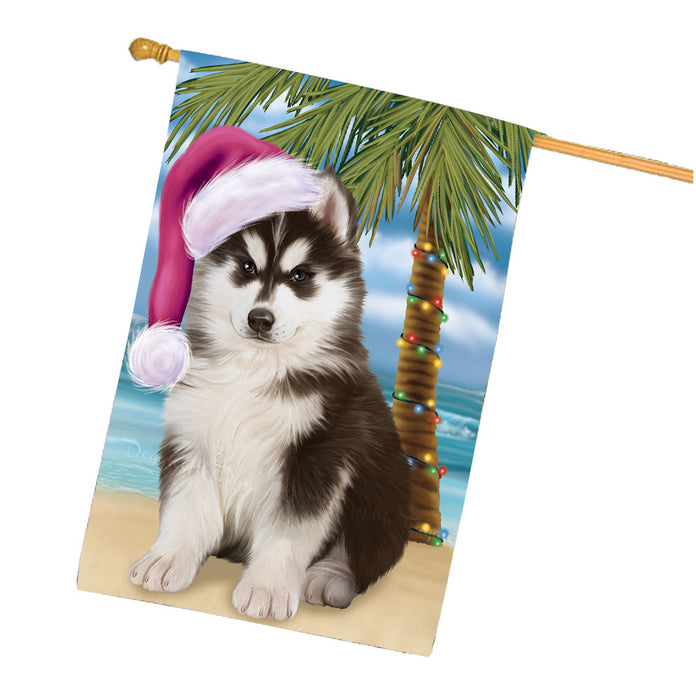 Christmas Summertime Beach Siberian Husky Dog House Flag Outdoor Decorative Double Sided Pet Portrait Weather Resistant Premium Quality Animal Printed Home Decorative Flags 100% Polyester FLG68802