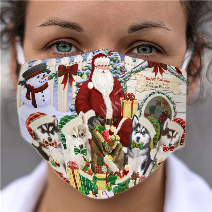 Happy Holidays Christmas Siberian Husky Dogs House Gathering Face Mask FM48284