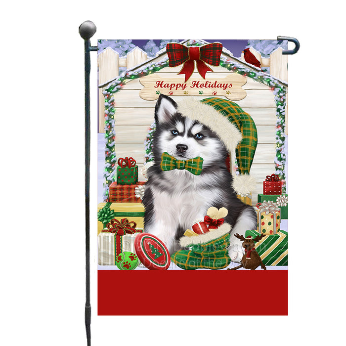 Personalized Happy Holidays Christmas Siberian Husky Dog House with Presents Custom Garden Flags GFLG-DOTD-A59380