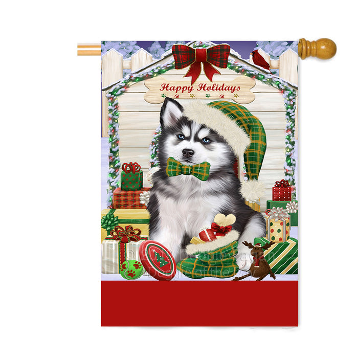 Personalized Happy Holidays Christmas Siberian Husky Dog House with Presents Custom House Flag FLG-DOTD-A59436