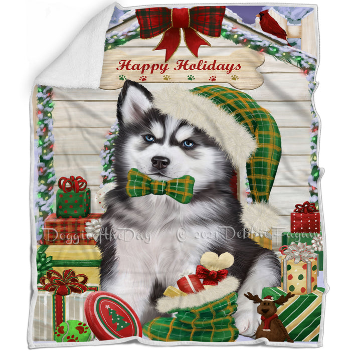 Happy Holidays Christmas Siberian Husky Dog House with Presents Blanket BLNKT80364