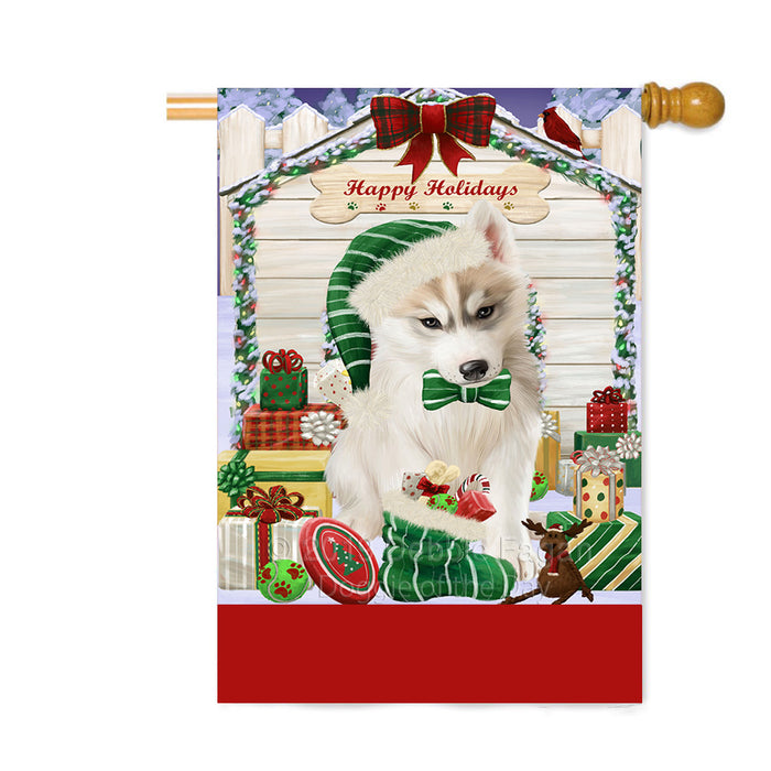 Personalized Happy Holidays Christmas Siberian Husky Dog House with Presents Custom House Flag FLG-DOTD-A59437