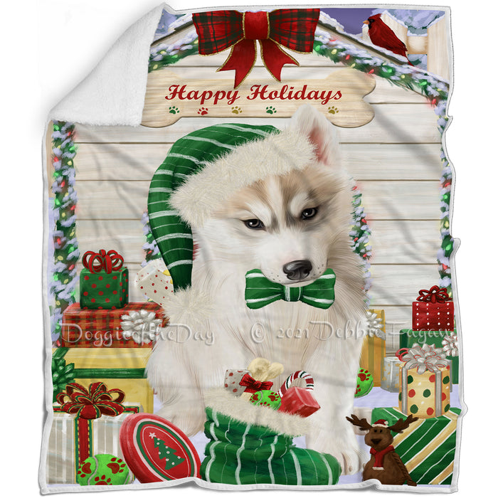 Happy Holidays Christmas Siberian Husky Dog House with Presents Blanket BLNKT80373
