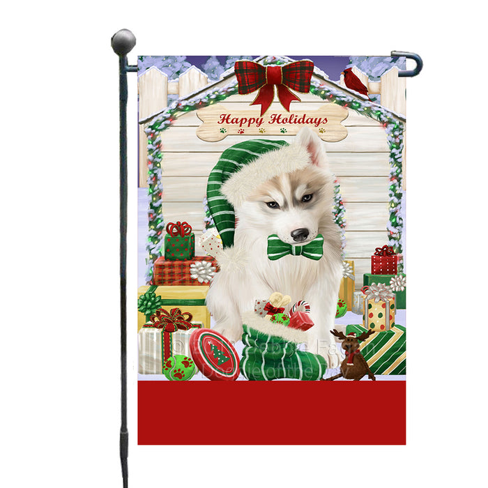 Personalized Happy Holidays Christmas Siberian Husky Dog House with Presents Custom Garden Flags GFLG-DOTD-A59381