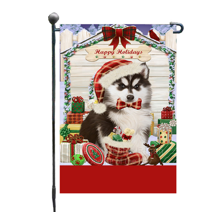 Personalized Happy Holidays Christmas Siberian Husky Dog House with Presents Custom Garden Flags GFLG-DOTD-A59382