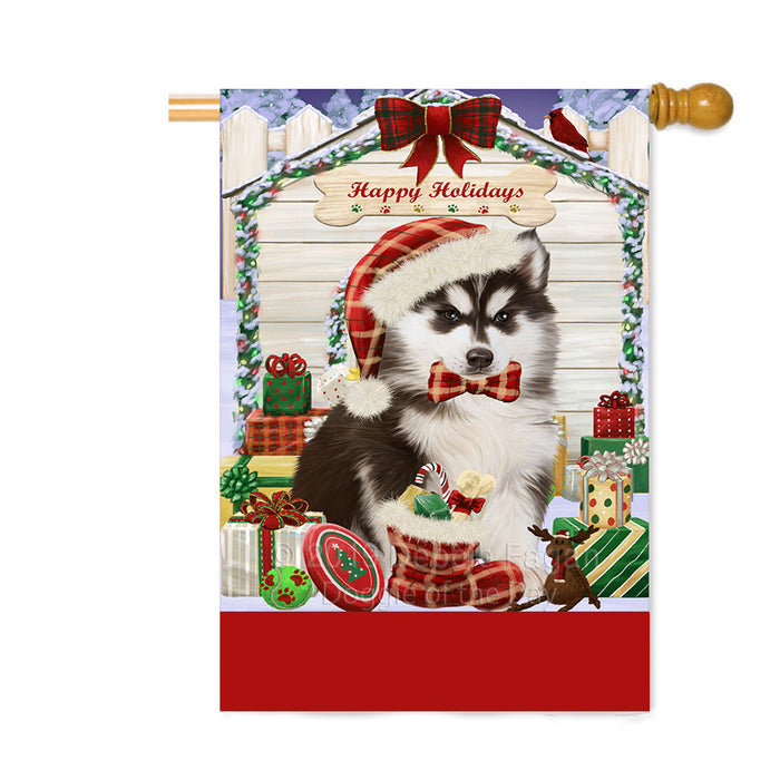 Personalized Happy Holidays Christmas Siberian Husky Dog House with Presents Custom House Flag FLG-DOTD-A59438