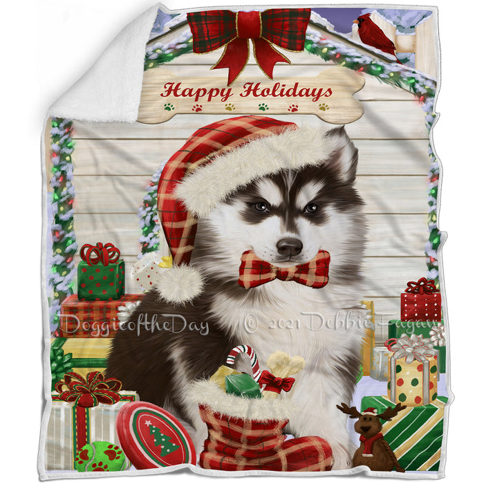 Happy Holidays Christmas Siberian Husky Dog House with Presents Blanket BLNKT80382