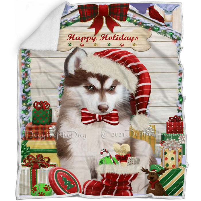 Happy Holidays Christmas Siberian Husky Dog House with Presents Blanket BLNKT80391