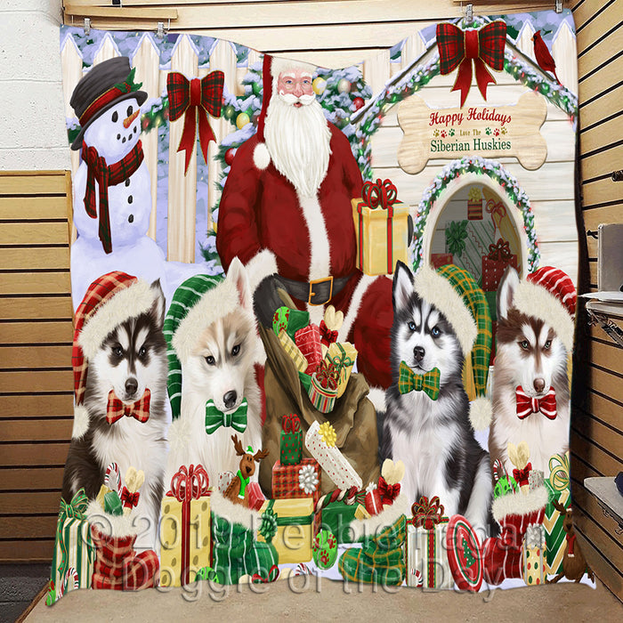 Happy Holidays Christmas Siberian Husky Dogs House Gathering Quilt