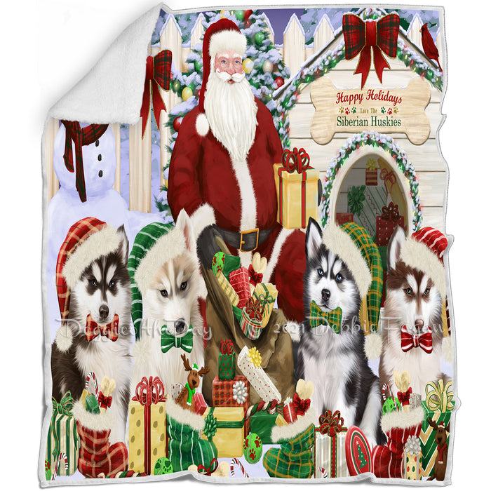 Happy Holidays Christmas Siberian Huskies Dog House Gathering Blanket BLNKT79968