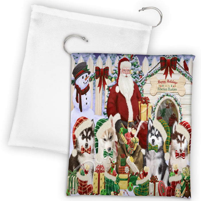 Happy Holidays Christmas Siberian Husky Dogs House Gathering Drawstring Laundry or Gift Bag LGB48082