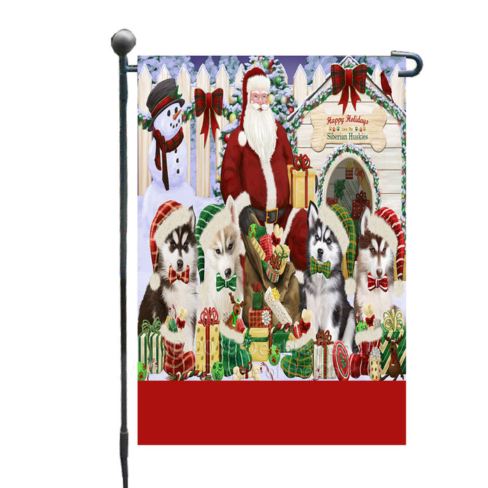 Personalized Happy Holidays Christmas Siberian Husky Dogs House Gathering Custom Garden Flags GFLG-DOTD-A58559