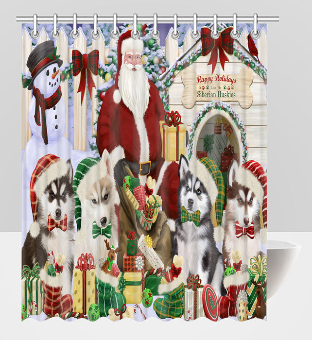 Happy Holidays Christmas Siberian Husky Dogs House Gathering Shower Curtain