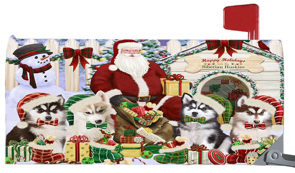 Happy Holidays Christmas Siberian Husky Dogs House Gathering 6.5 x 19 Inches Magnetic Mailbox Cover Post Box Cover Wraps Garden Yard Décor MBC48848