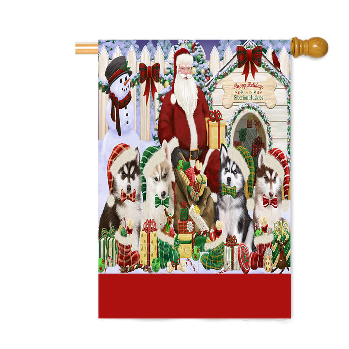 Personalized Happy Holidays Christmas Siberian Husky Dogs House Gathering Custom House Flag FLG-DOTD-A58615