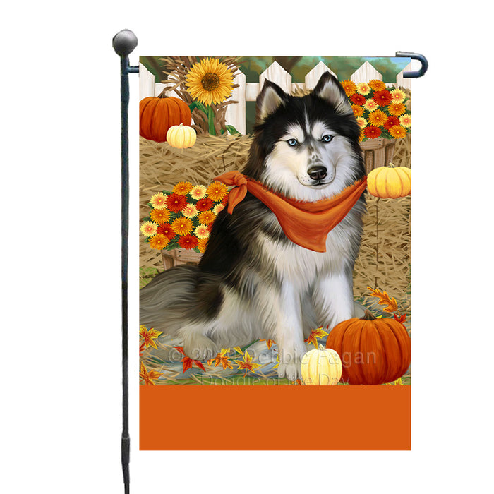 Personalized Fall Autumn Greeting Siberian Husky Dog with Pumpkins Custom Garden Flags GFLG-DOTD-A62062