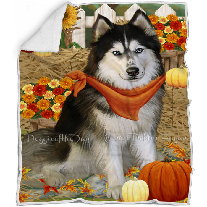 Fall Autumn Greeting Siberian Husky Dog with Pumpkins Blanket BLNKT73929