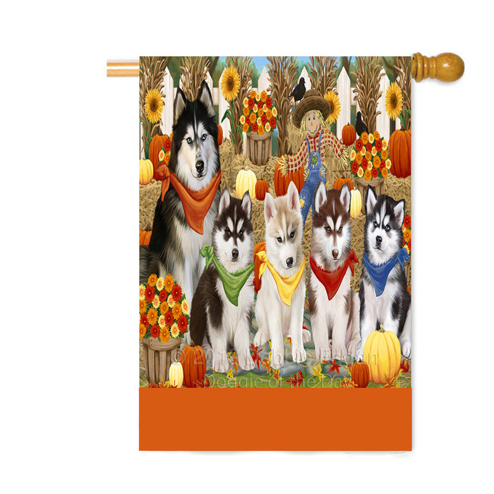 Personalized Fall Festive Gathering Siberian Husky Dogs with Pumpkins Custom House Flag FLG-DOTD-A62119