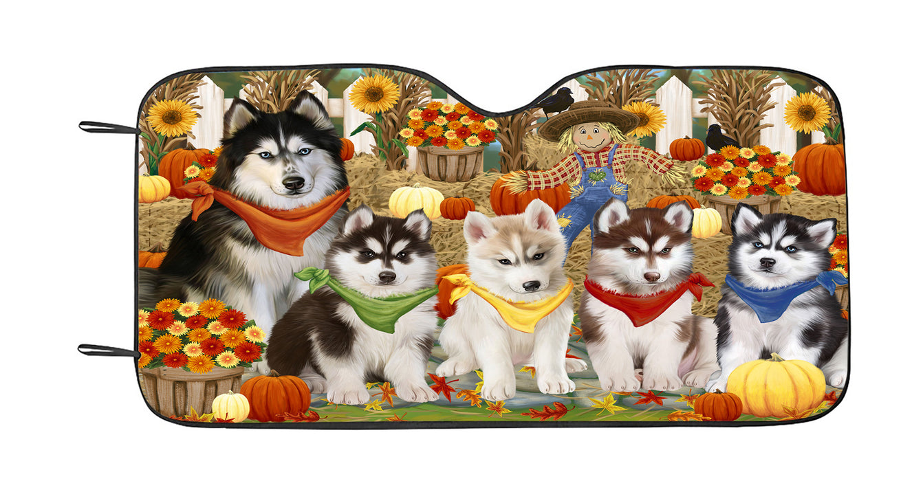 Fall Festive Harvest Time Gathering Siberian Husky Dogs Car Sun Shade