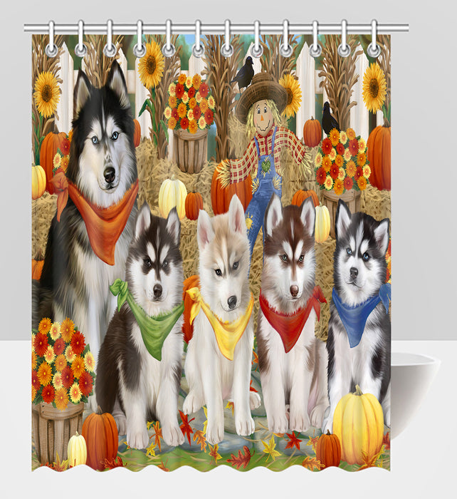 Fall Festive Harvest Time Gathering Siberian Husky Dogs Shower Curtain